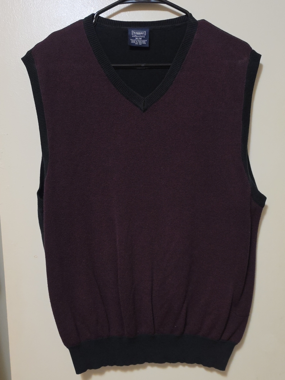 Haggar Collections Men's Dark Maroon V-Neck Sweater Vest with Black Trim